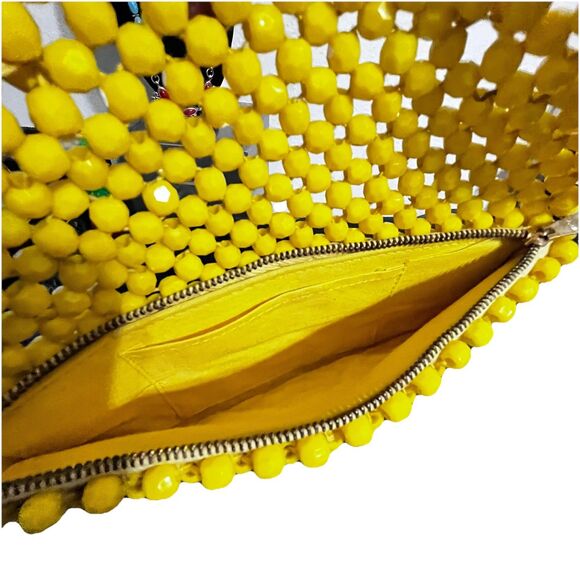 Yellow Hand Beaded Clutch Retro Inspired Faceted Bead Zip Pouch Evening Bag EUC - Picture 8 of 11